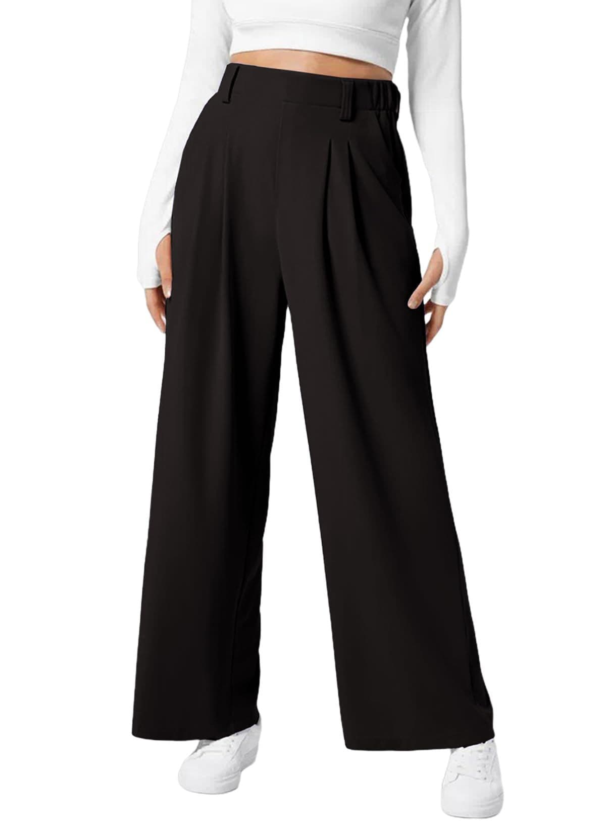 Women's Wide Leg Pants Elastic High Waist Waffle Knit Casual - NOVINC