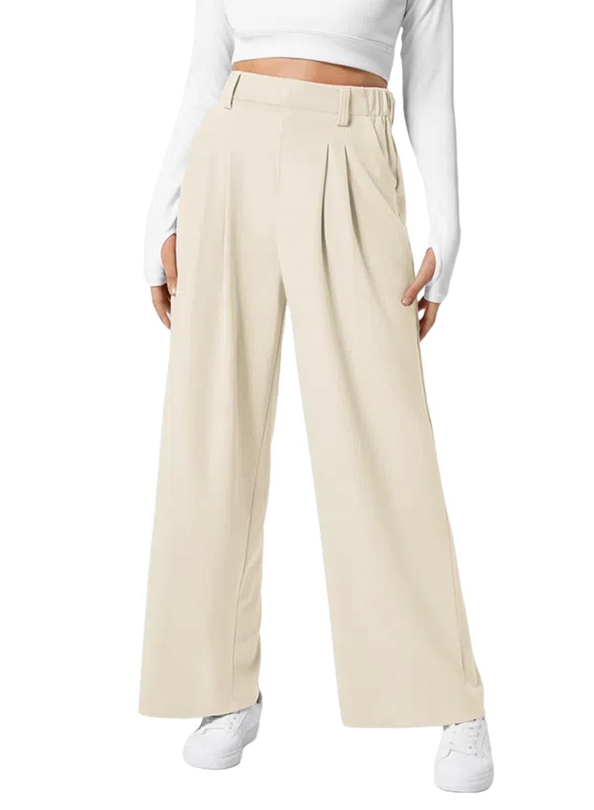 Women's Wide Leg Pants Elastic High Waist Waffle Knit Casual - NOVINC