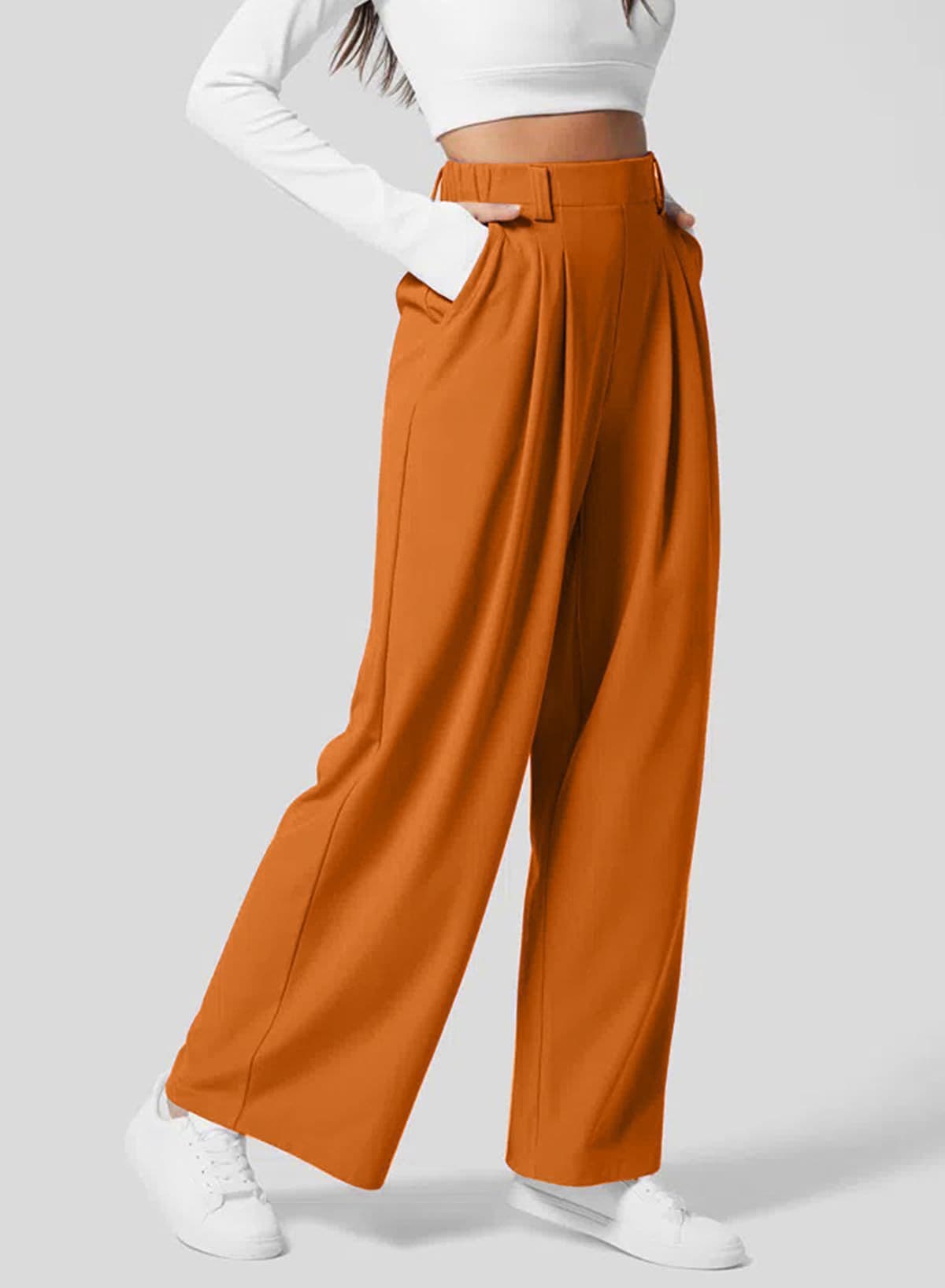 Women's Wide Leg Pants Elastic High Waist Waffle Knit Casual - NOVINC